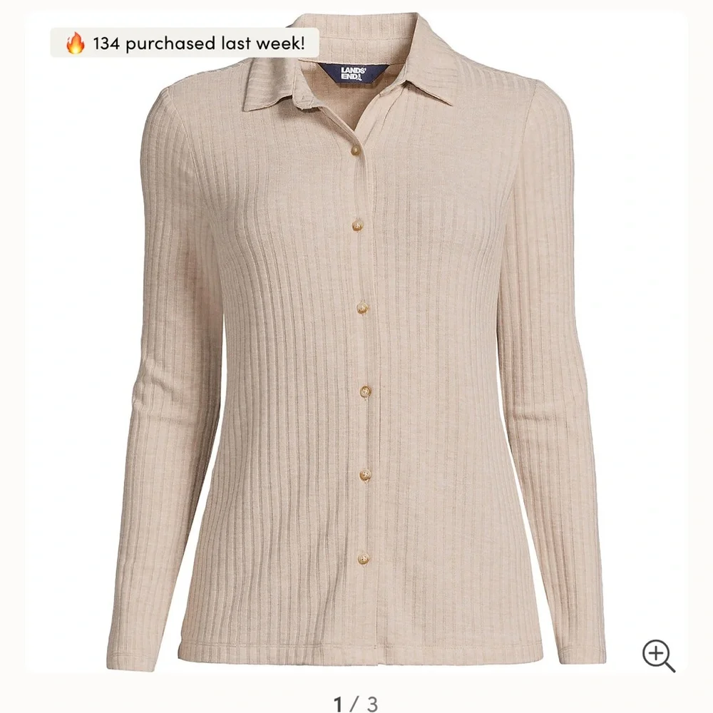 Lands’ End women’s Long Sleeve Wide Rib Button Front Polo, small, NWOT - Picture 3 of 12